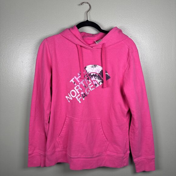 The North Face Bright Pink Comfy Hoodie Floral Lettering Women's Large - Picture 1 of 11